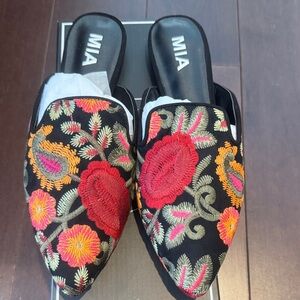 MIA Black Mules with Red and Orange Embroidery
